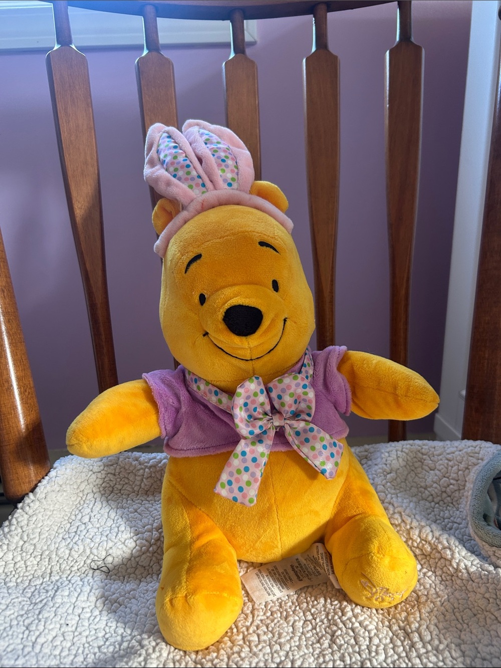 Disney Winnie the Pooh Yellow Plush with Purple Outfit and Pink Polka-Dot Bow